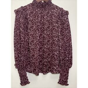 Max Studio Size Medium Ruffle Blouse Smocked Neck & Sleeves In Burgundy Boho